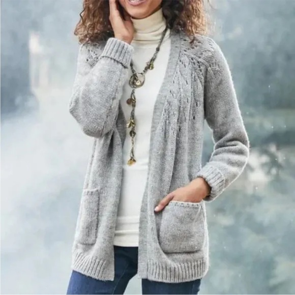 Soft Surrounding Cardigan Sweater Open Front Chunky Knit Patch Pocket Size M - Picture 7 of 7